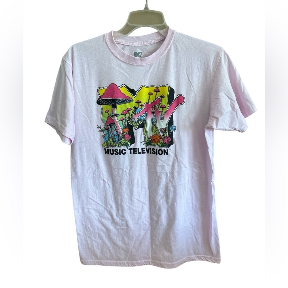 MTV Mushroom Floral Graphic Print Light Pink Tee size large